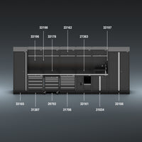 BUNKER modulaire opbergcombinatie met spoelbak en roestvrijstalen werkblad, 25-delig, 4915 mm