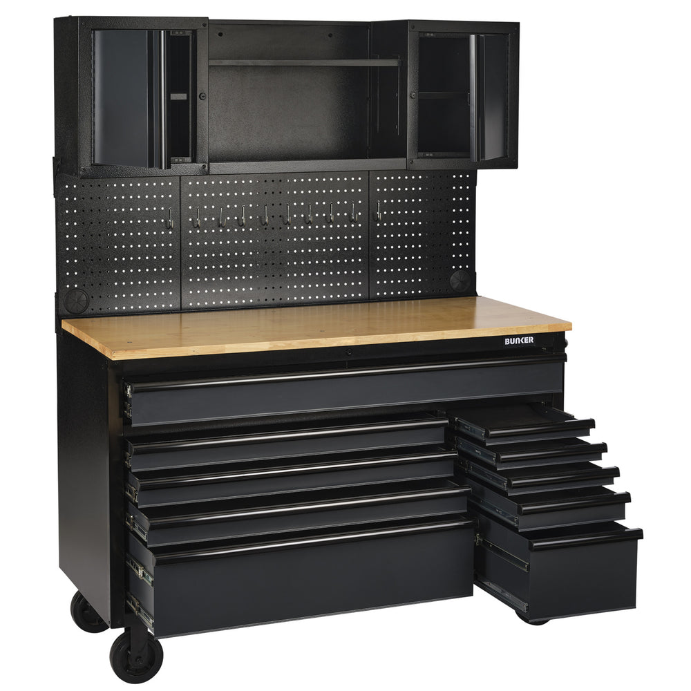 BUNKER werkstation met werkblad en 10 laden, 142 cm, grijs