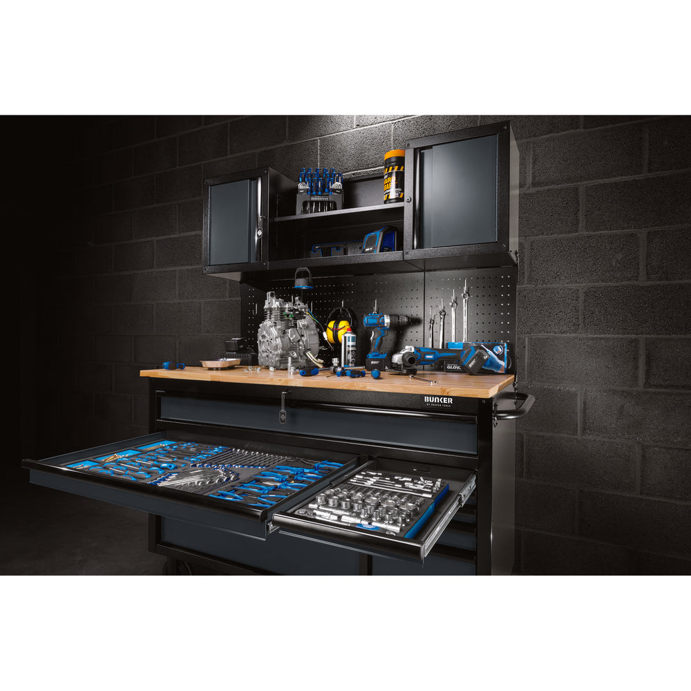 BUNKER werkstation met werkblad en 10 laden, 142 cm, grijs