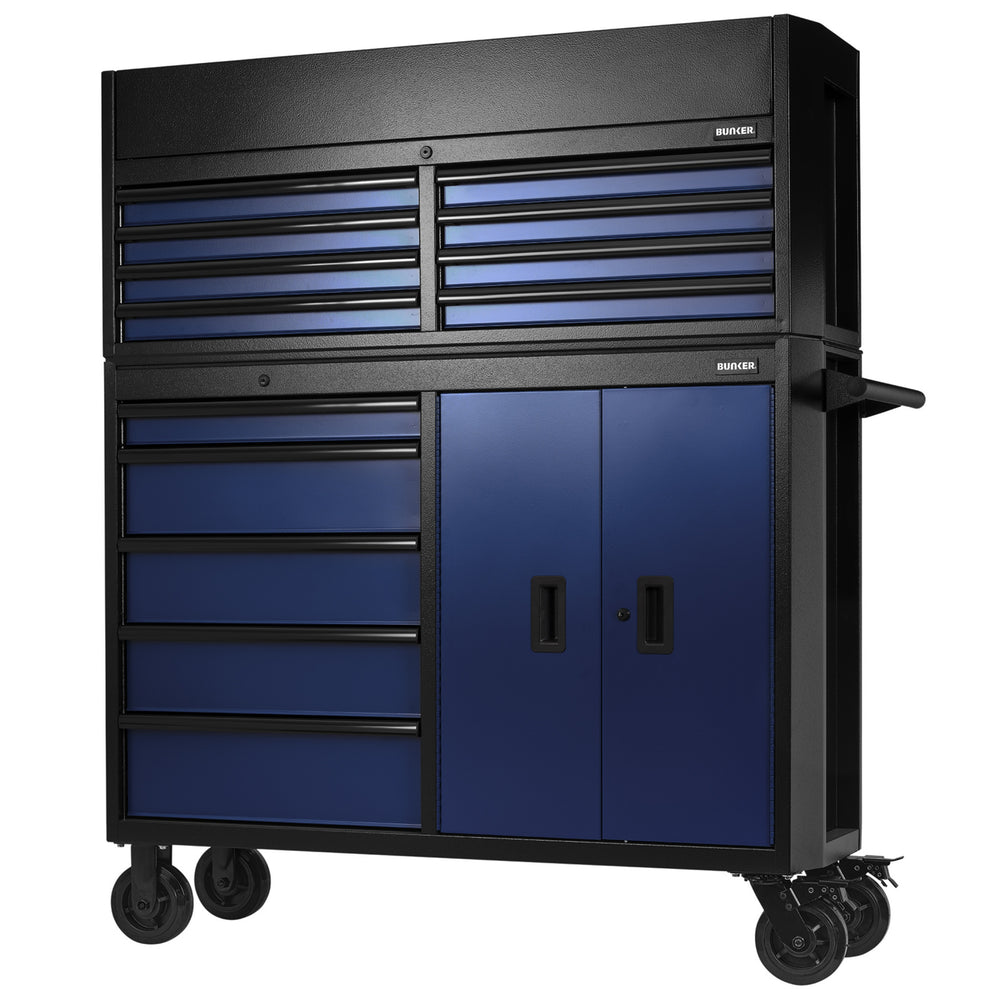 BUNKER gereedschapswagen met topkoffer, 13 laden, 131 cm, blauw