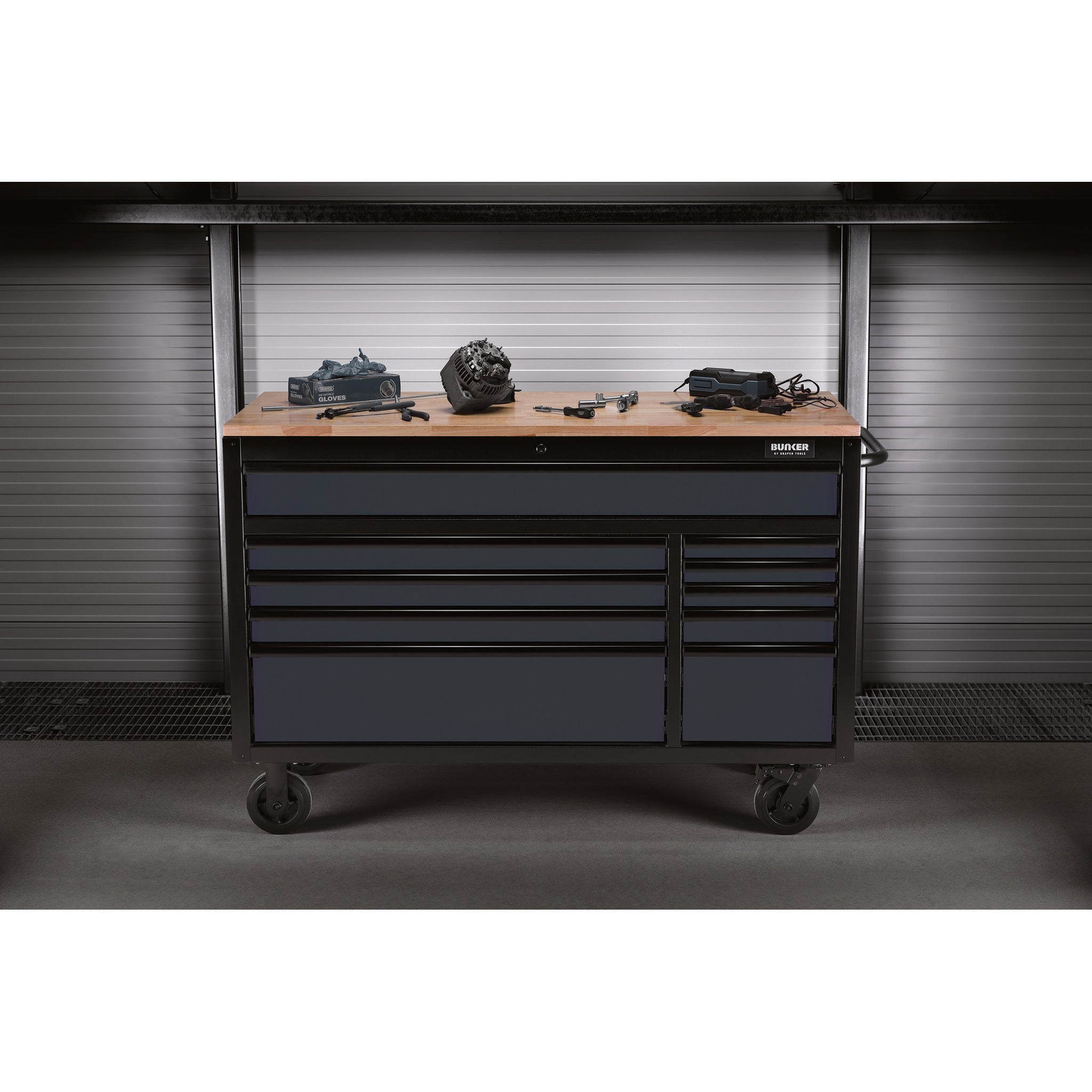 BUNKER gereedschapswagen/werkbank met 10 laden, 142 cm, lichtgrijs