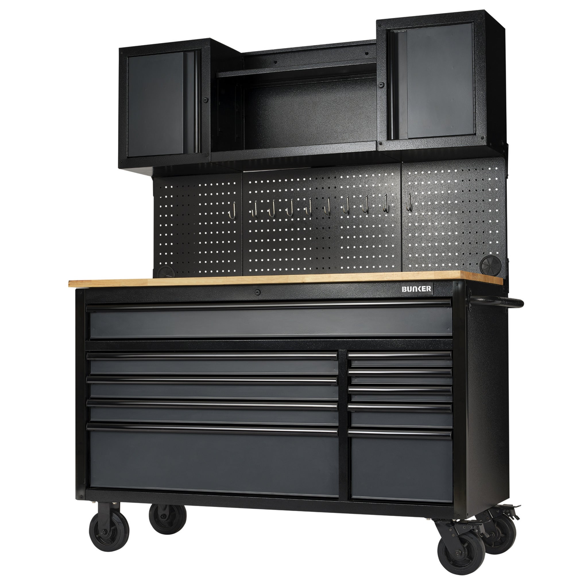 BUNKER werkstation met werkblad en 10 laden, 142 cm, grijs