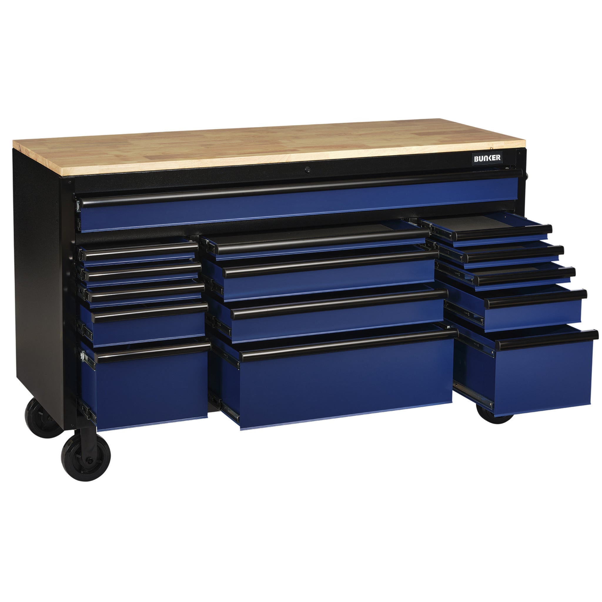 BUNKER gereedschapswagen/werkbank met 15 laden, 155 cm, grijs