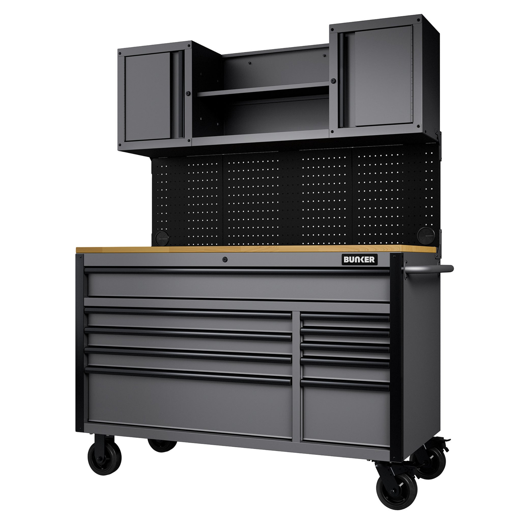 BUNKER werkstation met werkblad en 10 laden, 142 cm, grijs