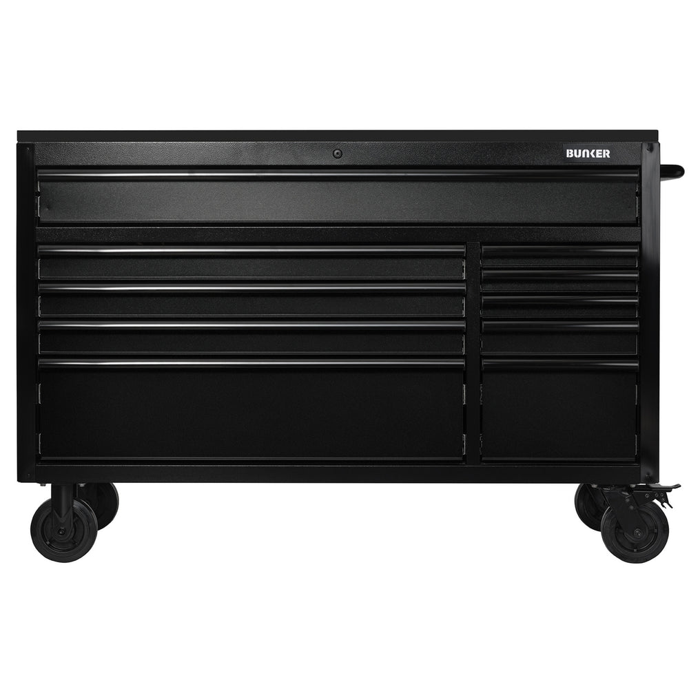 BUNKER® gereedschapskast op wielen met werkbank, 10 laden en zwart roestvrijstalen werkblad, 56″