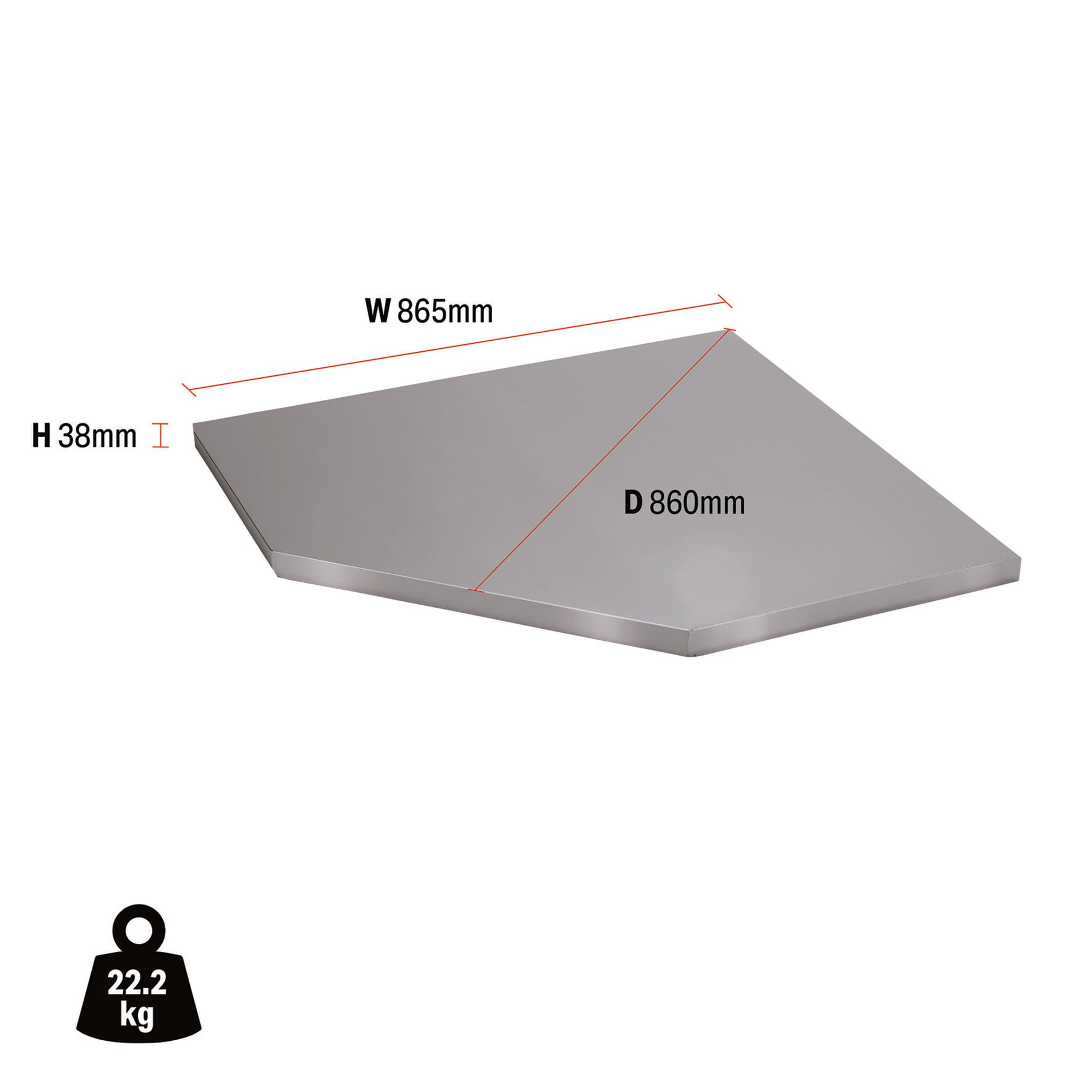 BUNKER Modular Stainless Steel Worktop for Corner Cabinet, 865mm