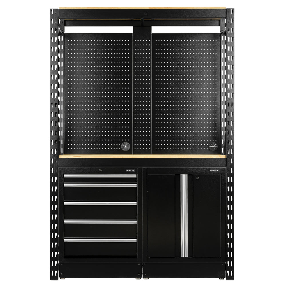 BUNKER modulaire opbergcombinatie met 2 niveaus, hardhouten planken, hangborden en vloerkasten, 15-delig, 1500 mm