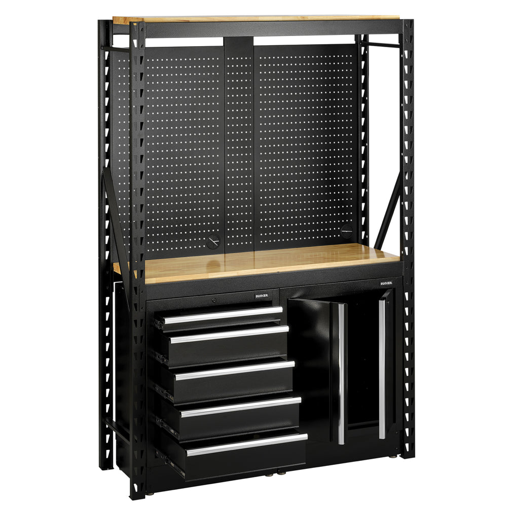 BUNKER modulaire opbergcombinatie met 2 niveaus, hardhouten planken, hangborden en vloerkasten, 15-delig, 1500 mm