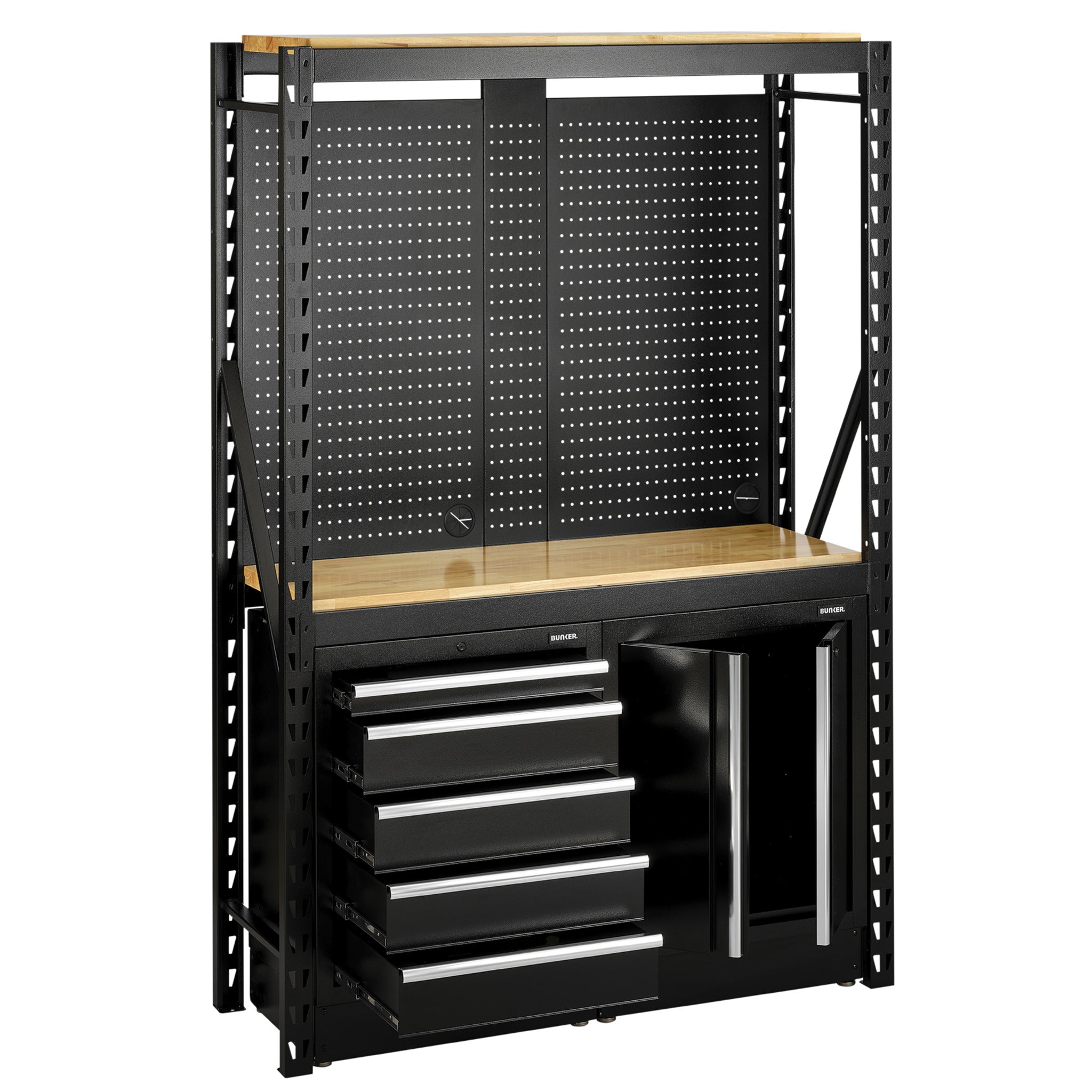 BUNKER modulaire opbergcombinatie met 2 niveaus, hardhouten planken, hangborden en vloerkasten, 15-delig, 1500 mm