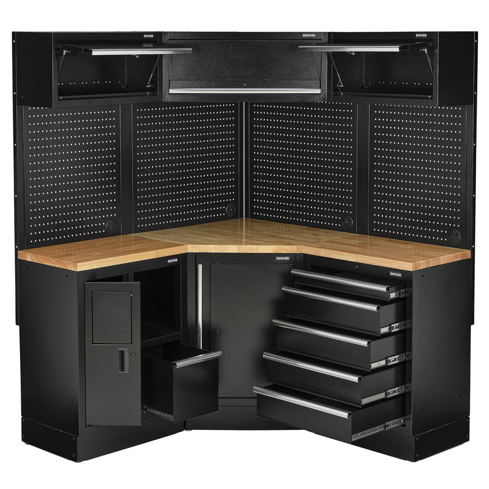 BUNKER modulaire hoekopbergcombinatie met hardhouten werkblad, 18-delig, 3454 mm