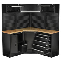 BUNKER modulaire hoekopbergcombinatie met hardhouten werkblad, 18-delig, 3454 mm
