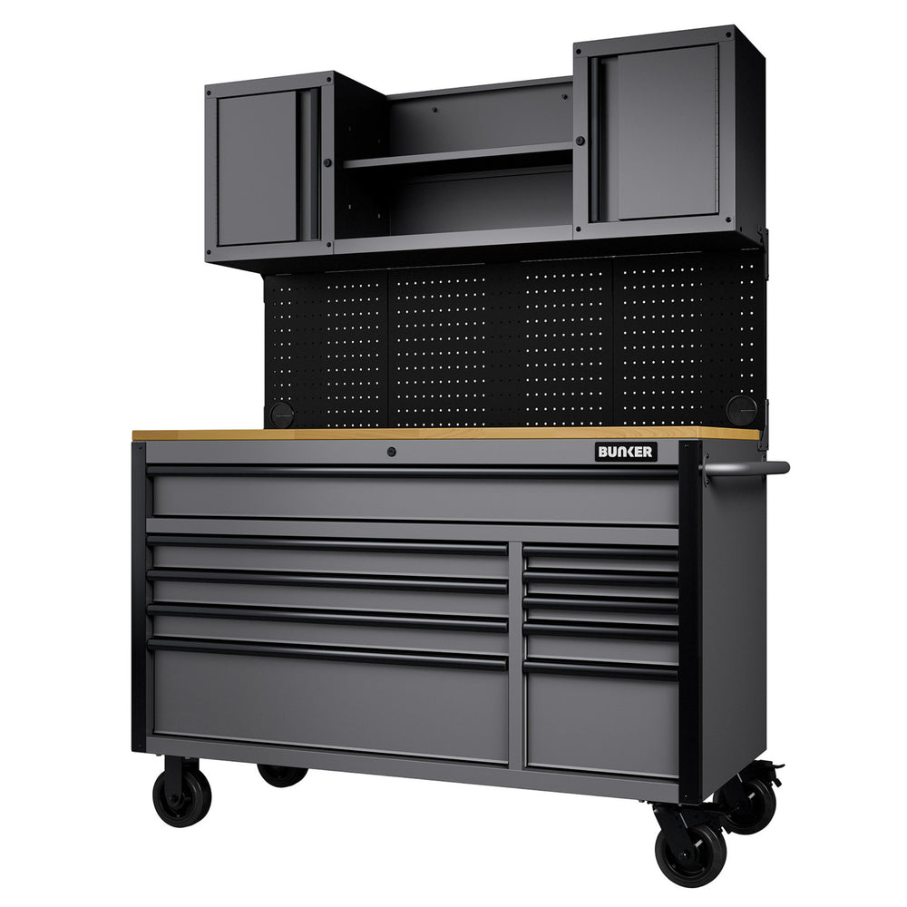 BUNKER werkstation met werkblad en 10 laden, 142 cm, grijs
