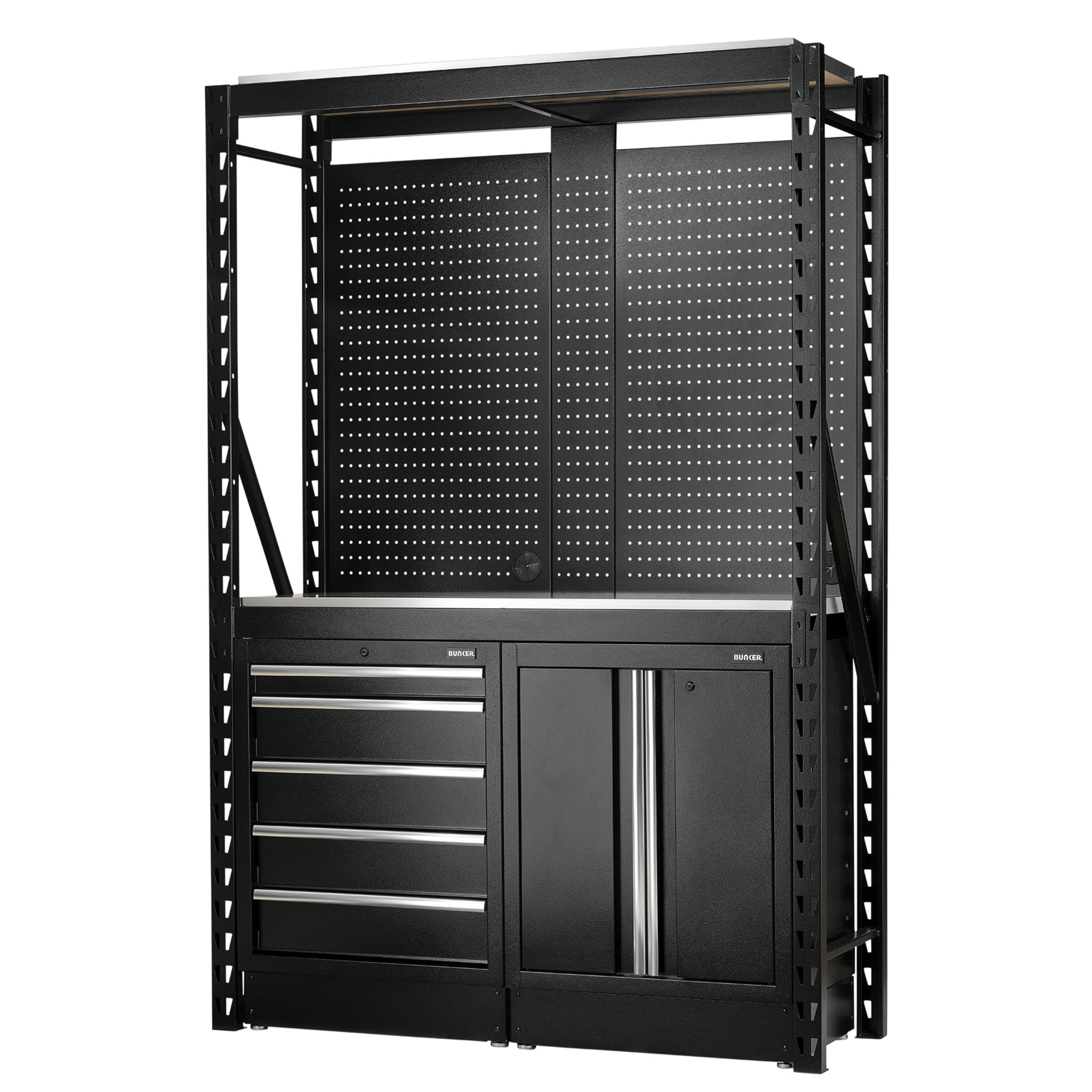 BUNKER modulaire opbergcombinatie met 2 niveaus, hardhouten planken, hangborden en vloerkasten, 15-delig, 1500 mm