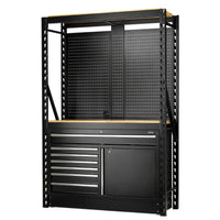 BUNKER modulaire opbergcombinatie, 14-delig, 2 niveaus, hardhouten legplanken, hangborden en vloerkast, 1500 mm