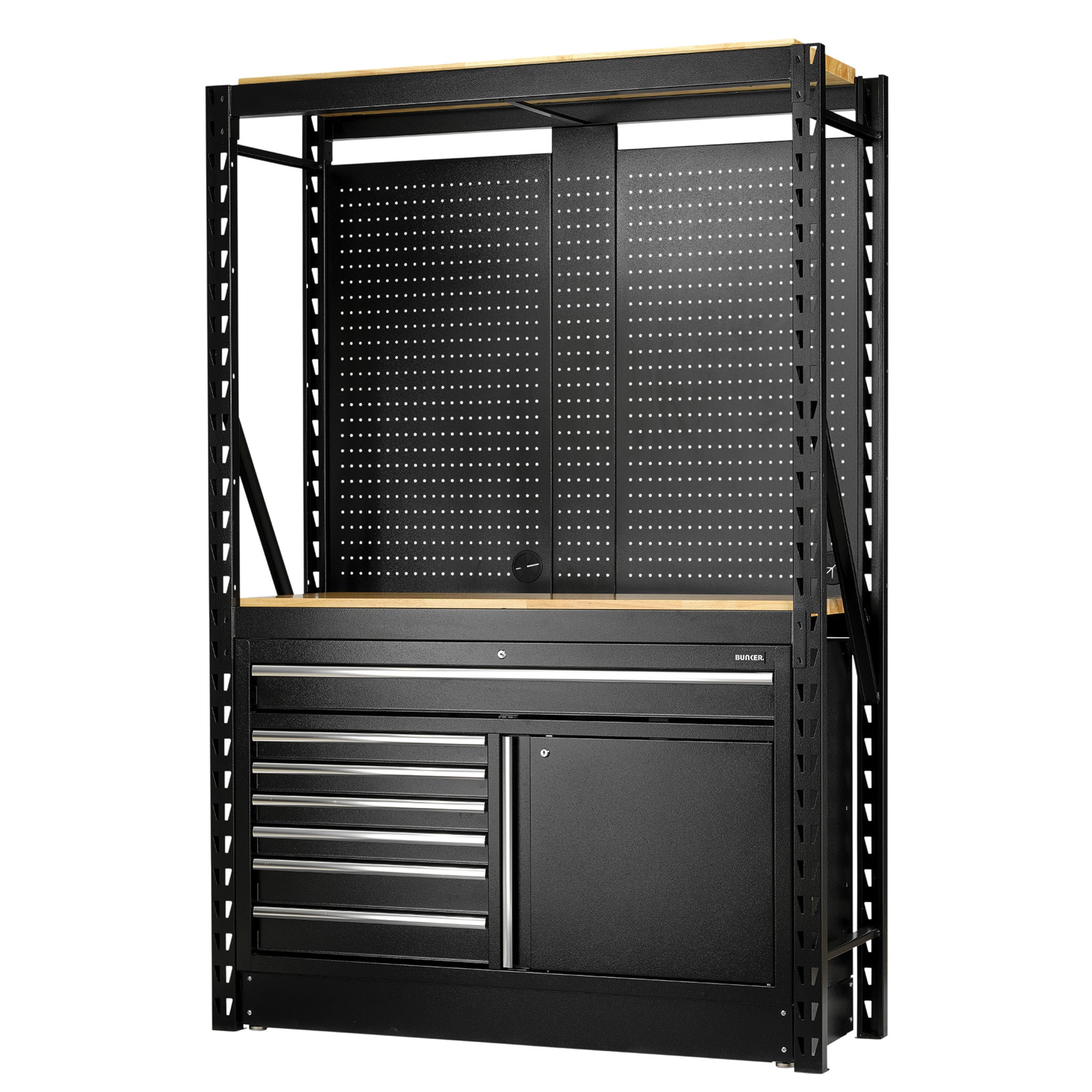 BUNKER modulaire opbergcombinatie, 14-delig, 2 niveaus, hardhouten legplanken, hangborden en vloerkast, 1500 mm