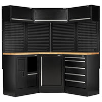 BUNKER modulaire hoekopbergcombinatie met hardhouten werkblad, 18-delig, 3454 mm