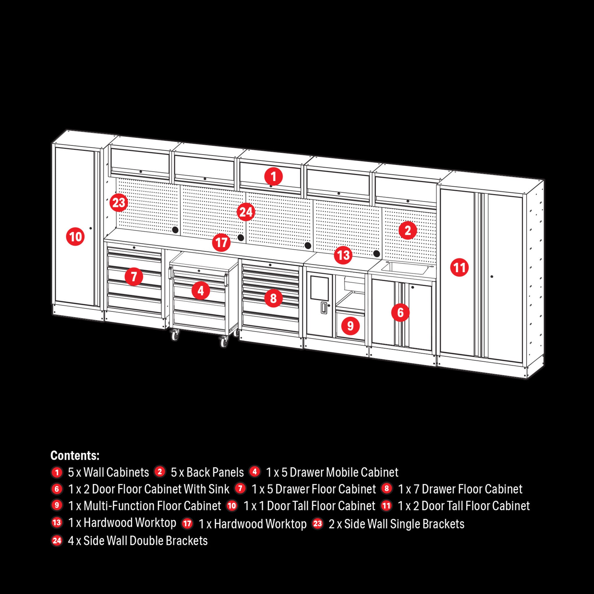 BUNKER 25 Piece Modular Storage Combo with Sink and Stainless Steel Worktop, 4915mm