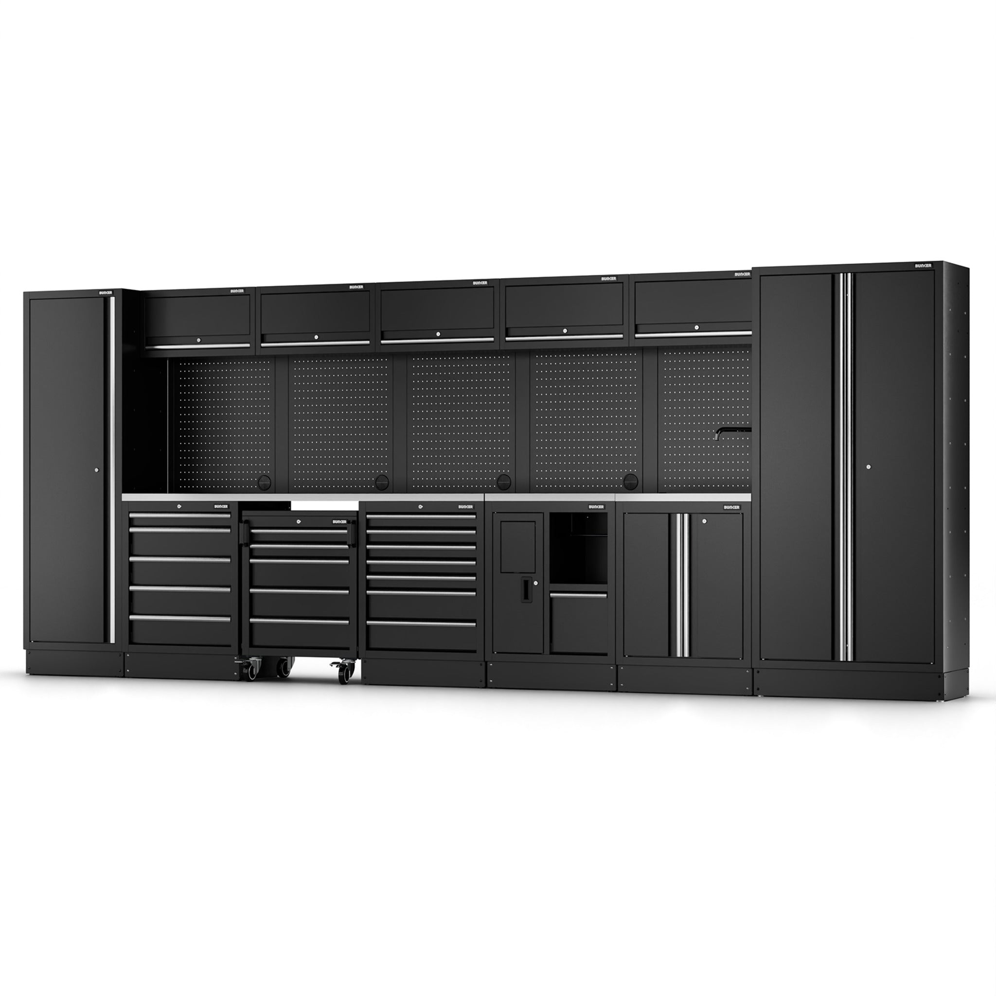 BUNKER modulaire opbergcombinatie met spoelbak en roestvrijstalen werkblad, 25-delig, 4915 mm