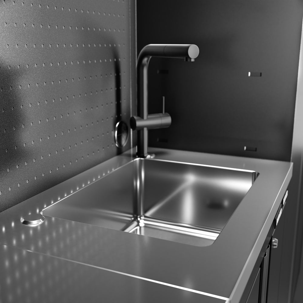 BUNKER modulaire opbergcombinatie met spoelbak en roestvrijstalen werkblad, 25-delig, 4915 mm