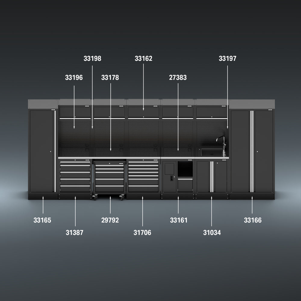 BUNKER modulaire opbergcombinatie met spoelbak en roestvrijstalen werkblad, 25-delig, 4915 mm