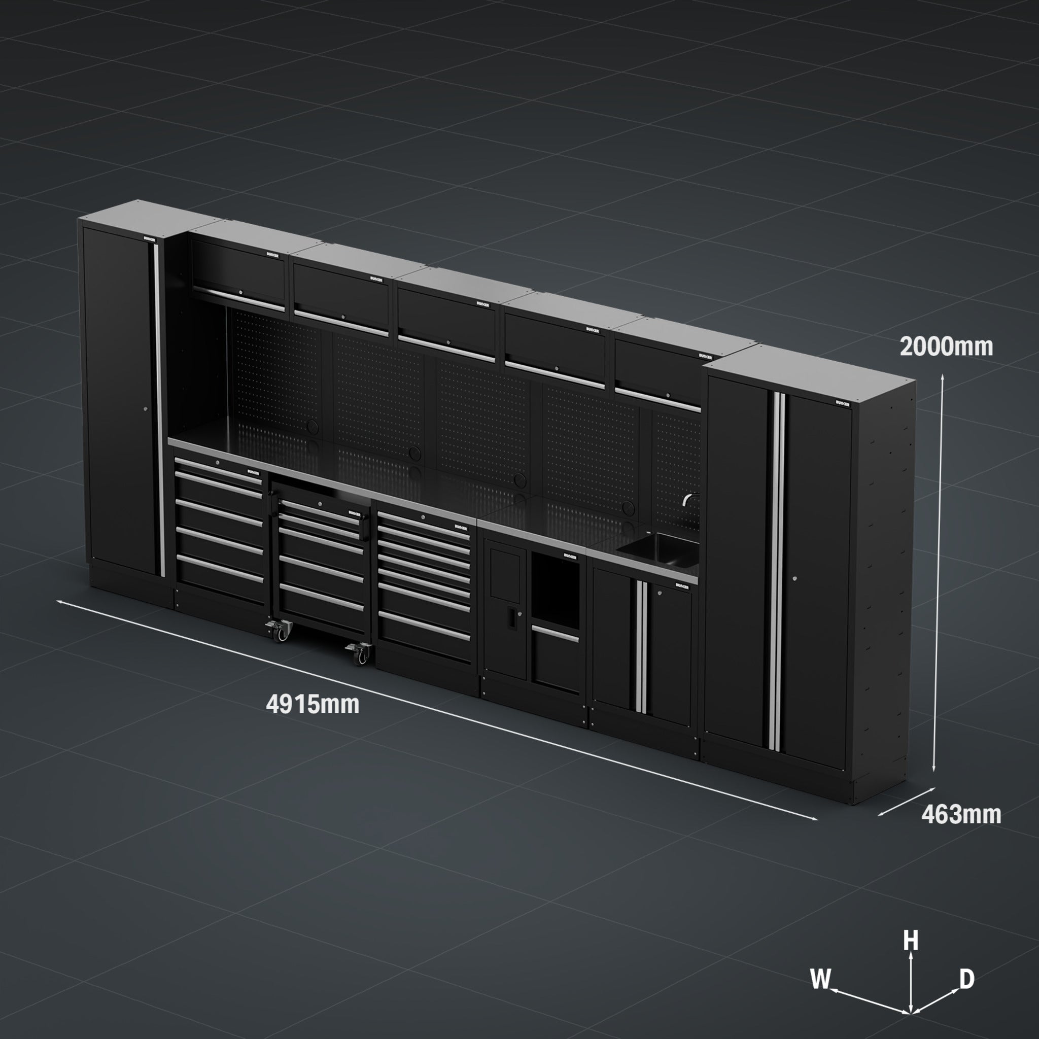 BUNKER modulaire opbergcombinatie met spoelbak en roestvrijstalen werkblad, 25-delig, 4915 mm