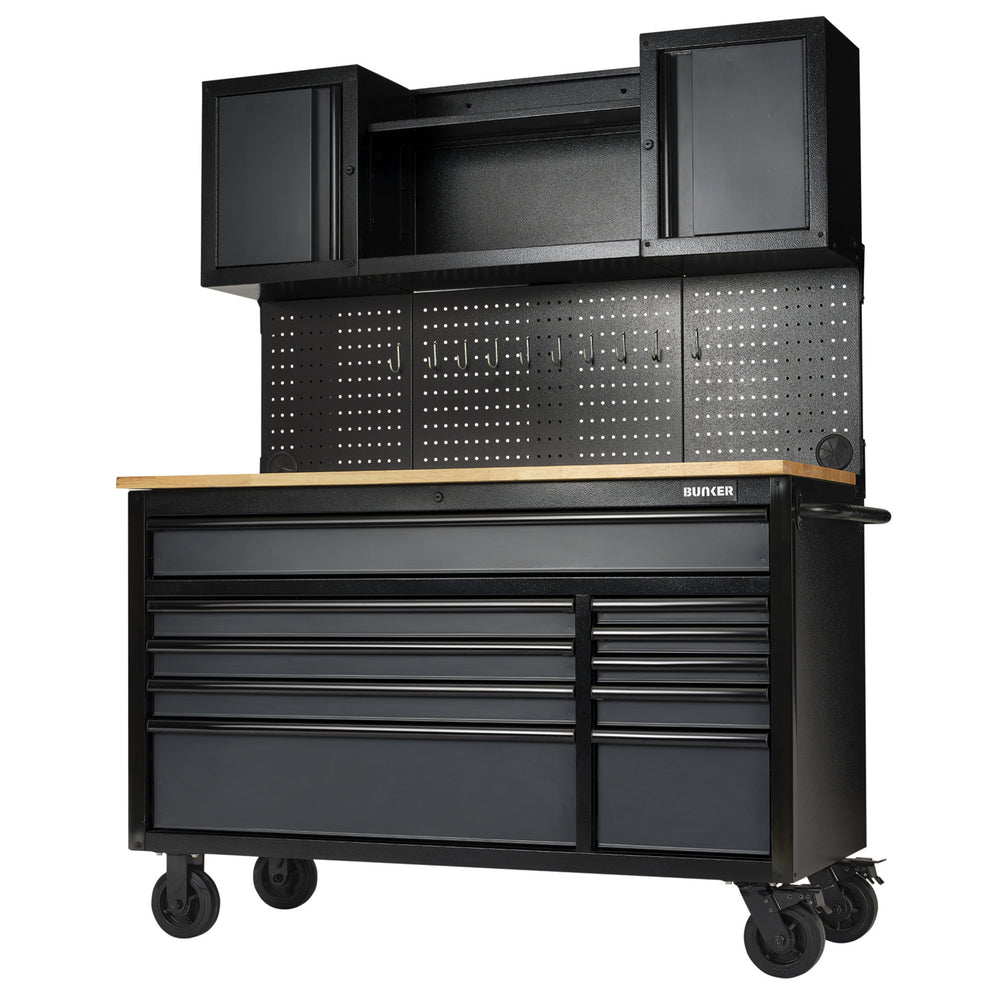 BUNKER werkstation met werkblad en 10 laden, 142 cm, grijs