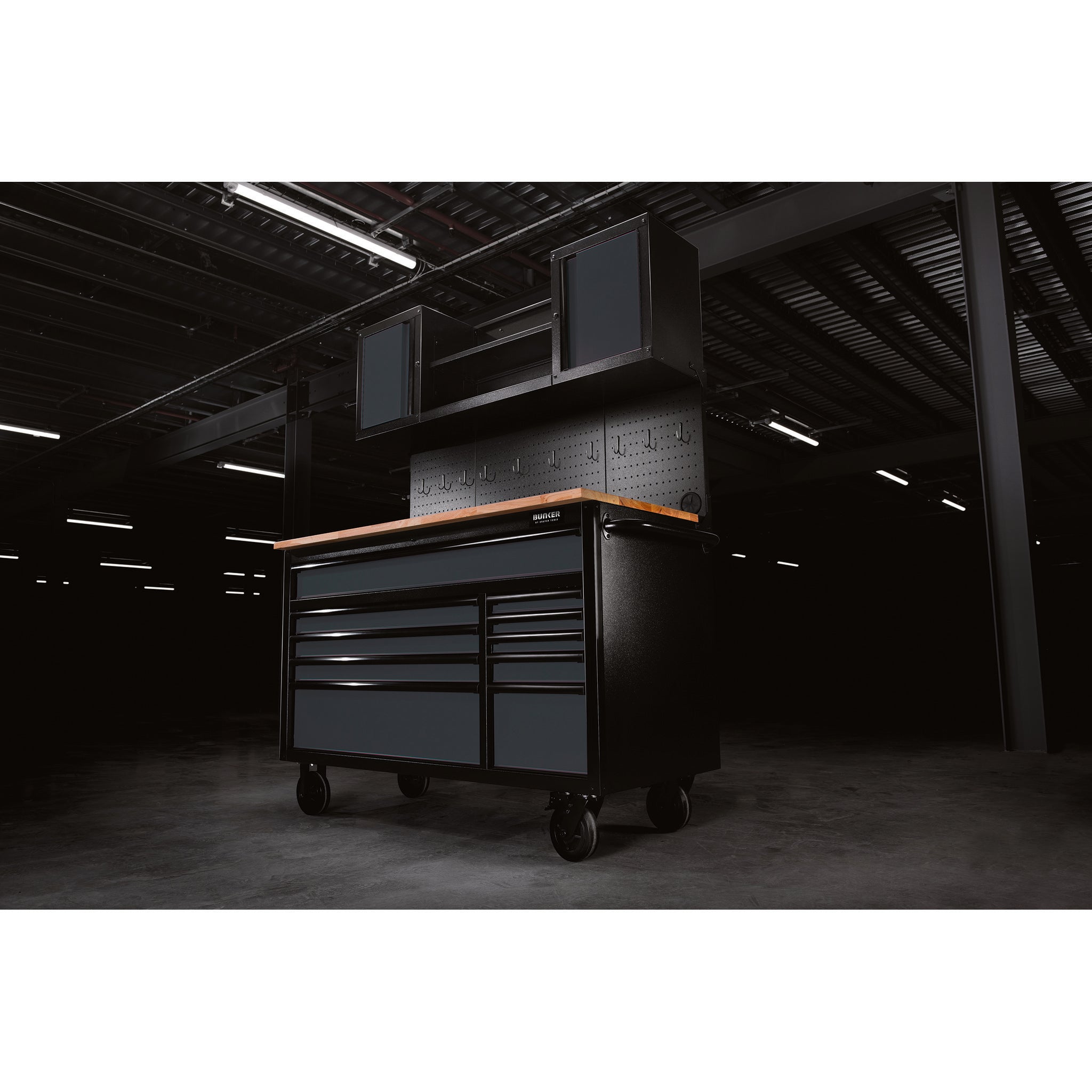 BUNKER werkstation met werkblad en 10 laden, 142 cm, grijs