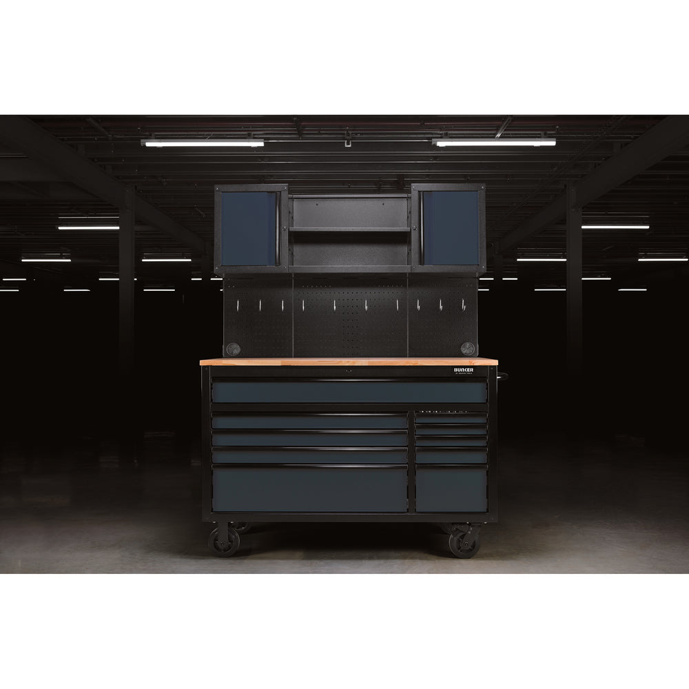 BUNKER werkstation met werkblad en 10 laden, 142 cm, grijs