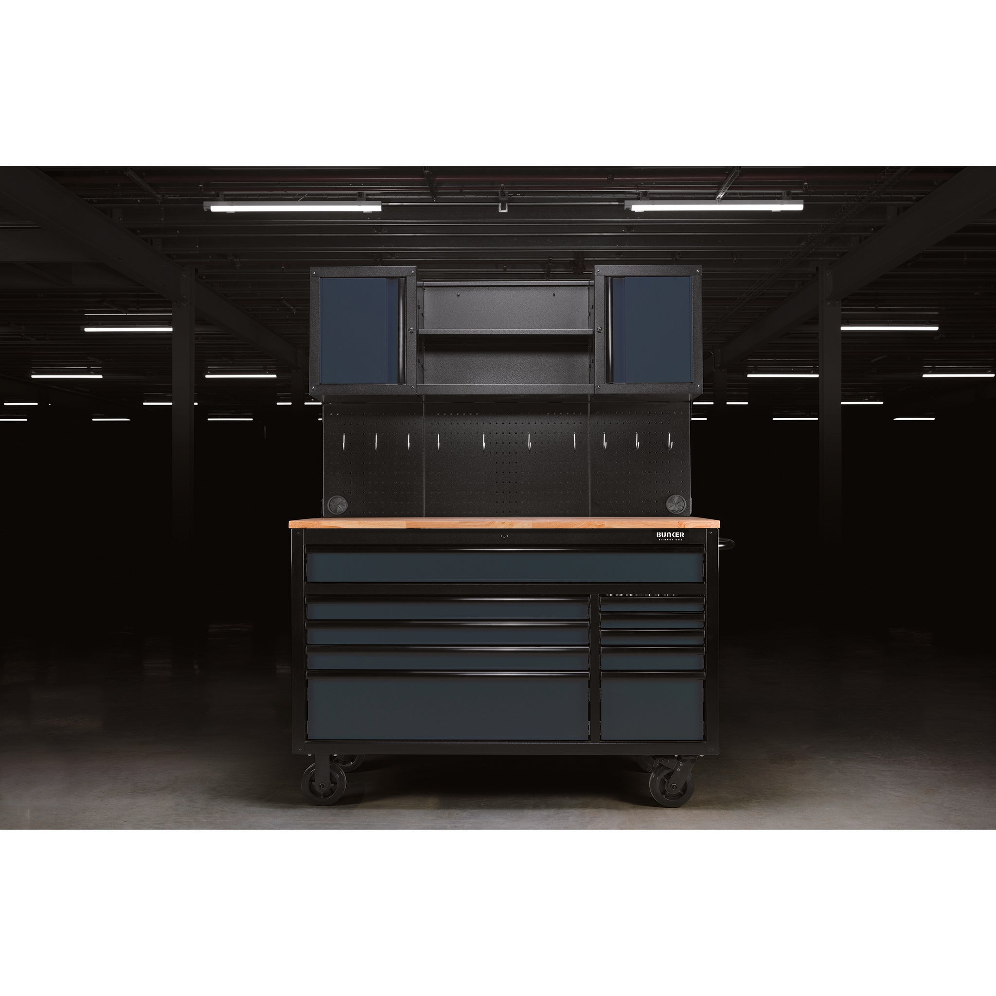 BUNKER werkstation met werkblad en 10 laden, 142 cm, grijs