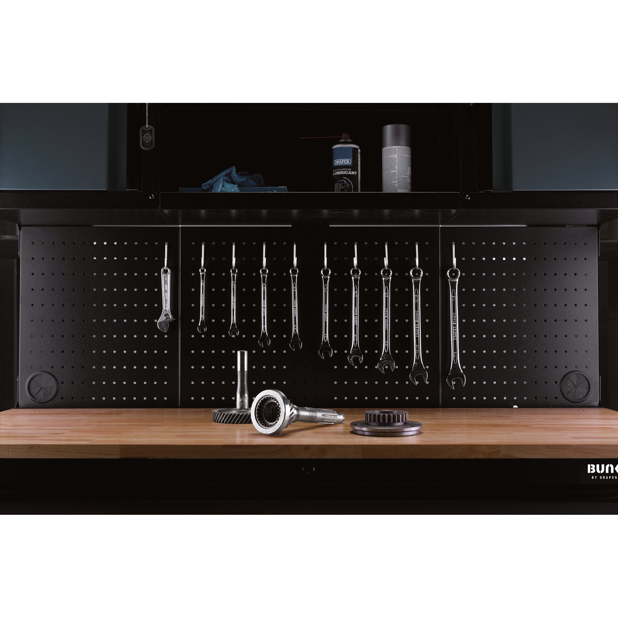 BUNKER werkstation met werkblad en 10 laden, 142 cm, grijs