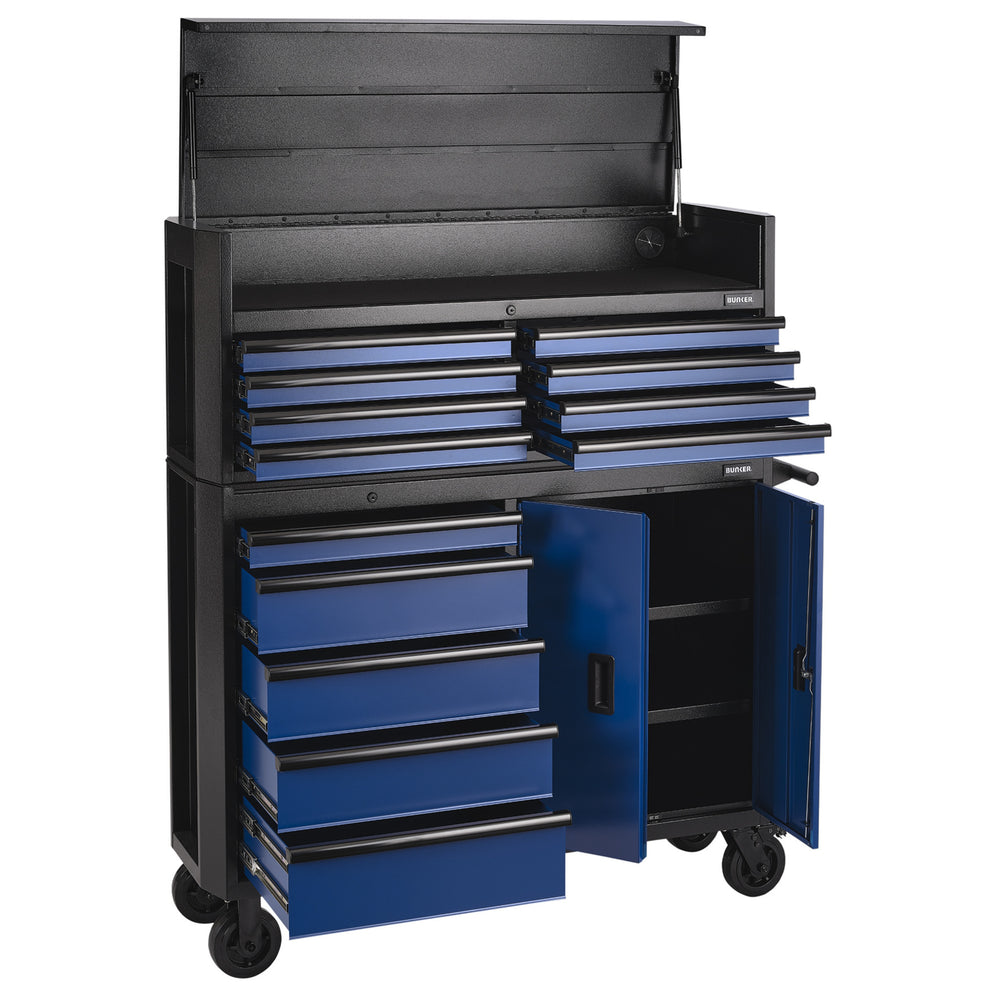 BUNKER gereedschapswagen met topkoffer, 13 laden, 131 cm, blauw