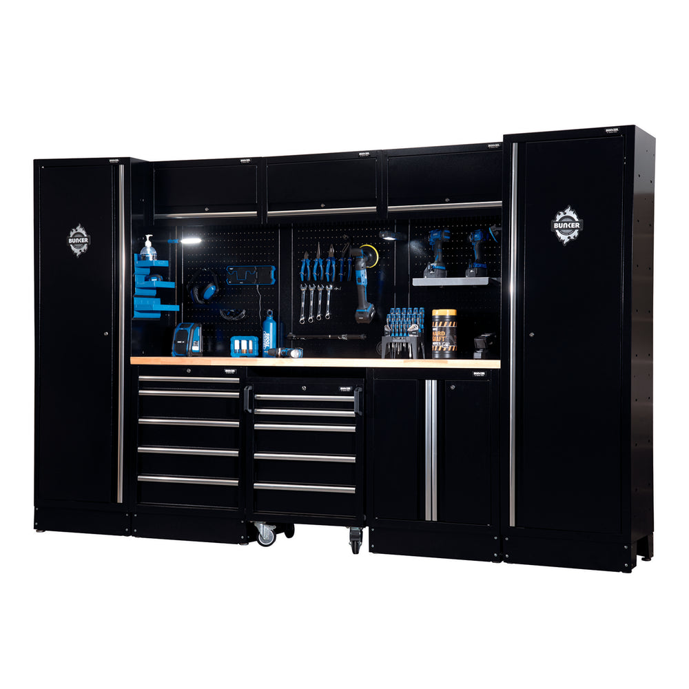 BUNKER modulaire opbergcombinatie met roestvrijstalen werkblad, 16-delig, 3240 mm