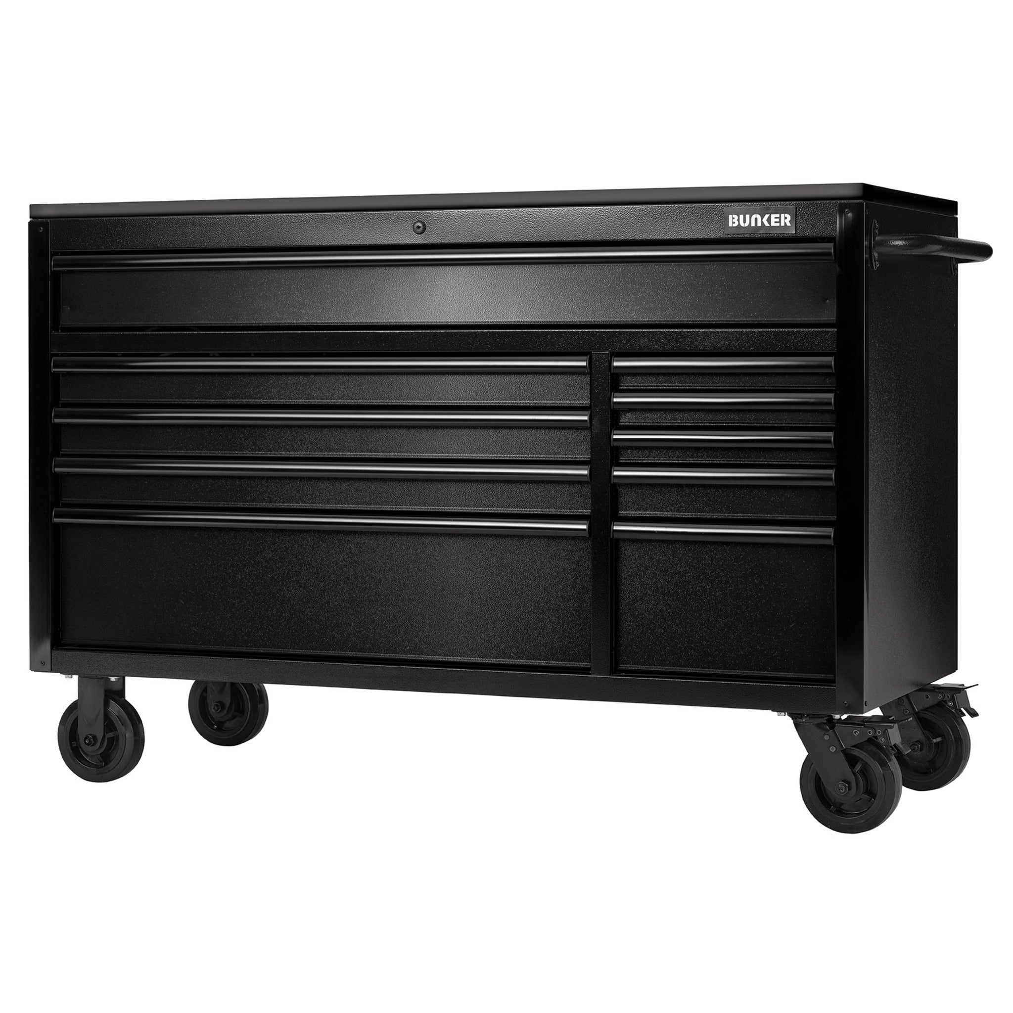 BUNKER® gereedschapskast op wielen met werkbank, 10 laden en zwart roestvrijstalen werkblad, 56″