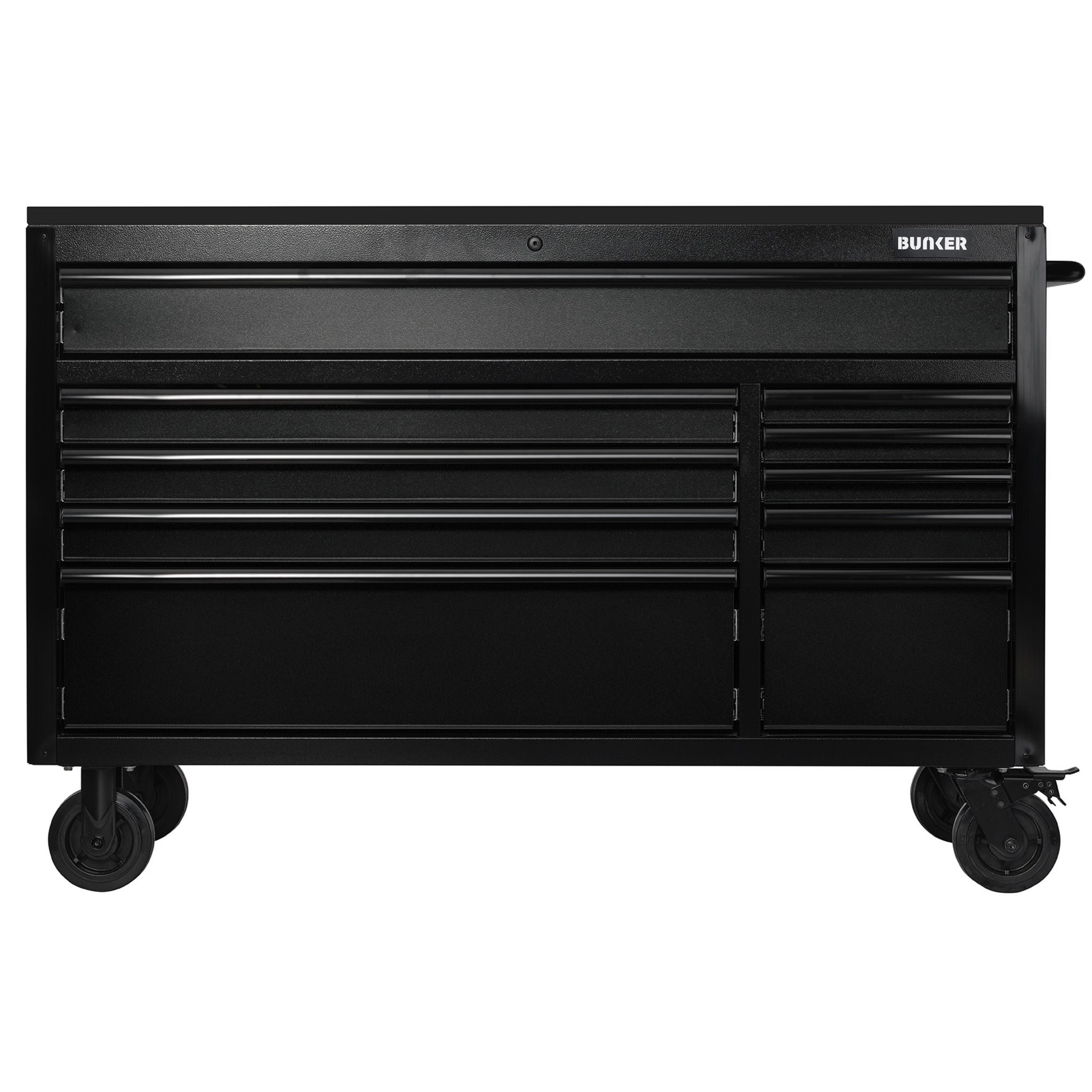 BUNKER® gereedschapskast op wielen met werkbank, 10 laden en zwart roestvrijstalen werkblad, 56″