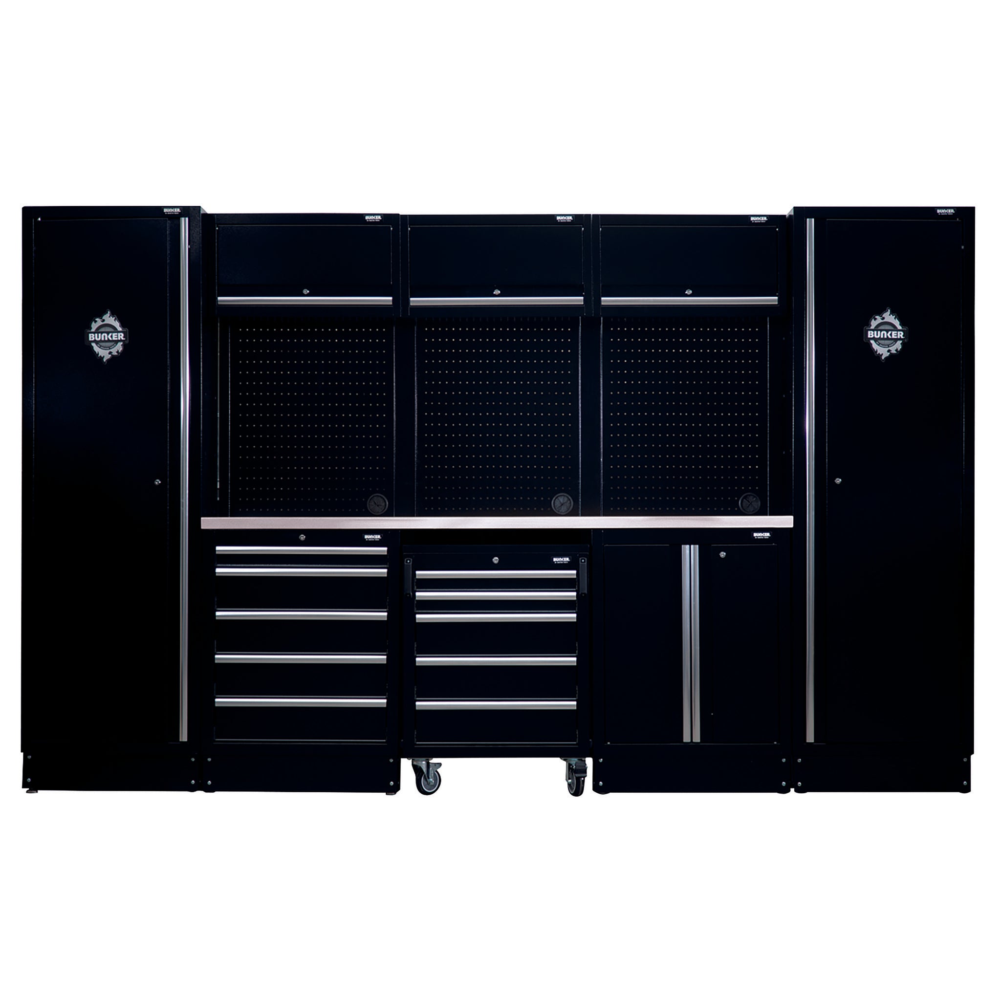 BUNKER modulaire opbergcombinatie met roestvrijstalen werkblad, 16-delig, 3240 mm