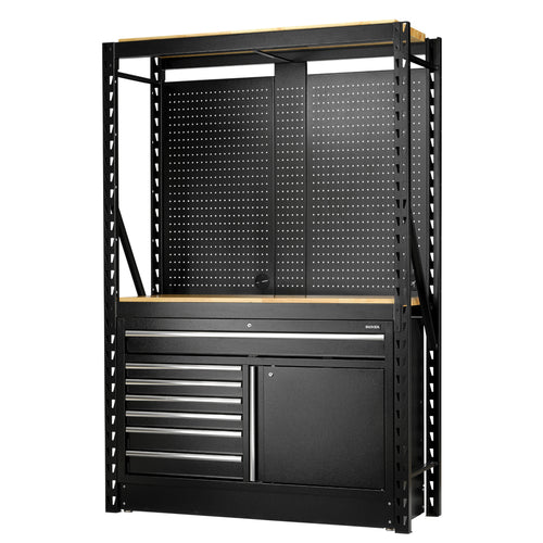 BUNKER modulaire opbergcombinatie, 14-delig, 2 niveaus, hardhouten legplanken, hangborden en vloerkast, 1500 mm