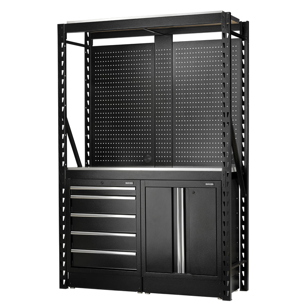 BUNKER modulaire opbergcombinatie met 2 niveaus, hardhouten planken, hangborden en vloerkasten, 15-delig, 1500 mm
