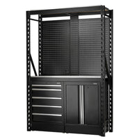 BUNKER modulaire opbergcombinatie met 2 niveaus, hardhouten planken, hangborden en vloerkasten, 15-delig, 1500 mm