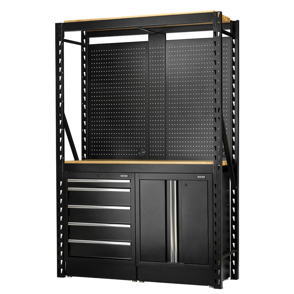 BUNKER modulaire opbergcombinatie met 2 niveaus, hardhouten planken, hangborden en vloerkasten, 15-delig, 1500 mm