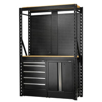 BUNKER modulaire opbergcombinatie met 2 niveaus, hardhouten planken, hangborden en vloerkasten, 15-delig, 1500 mm