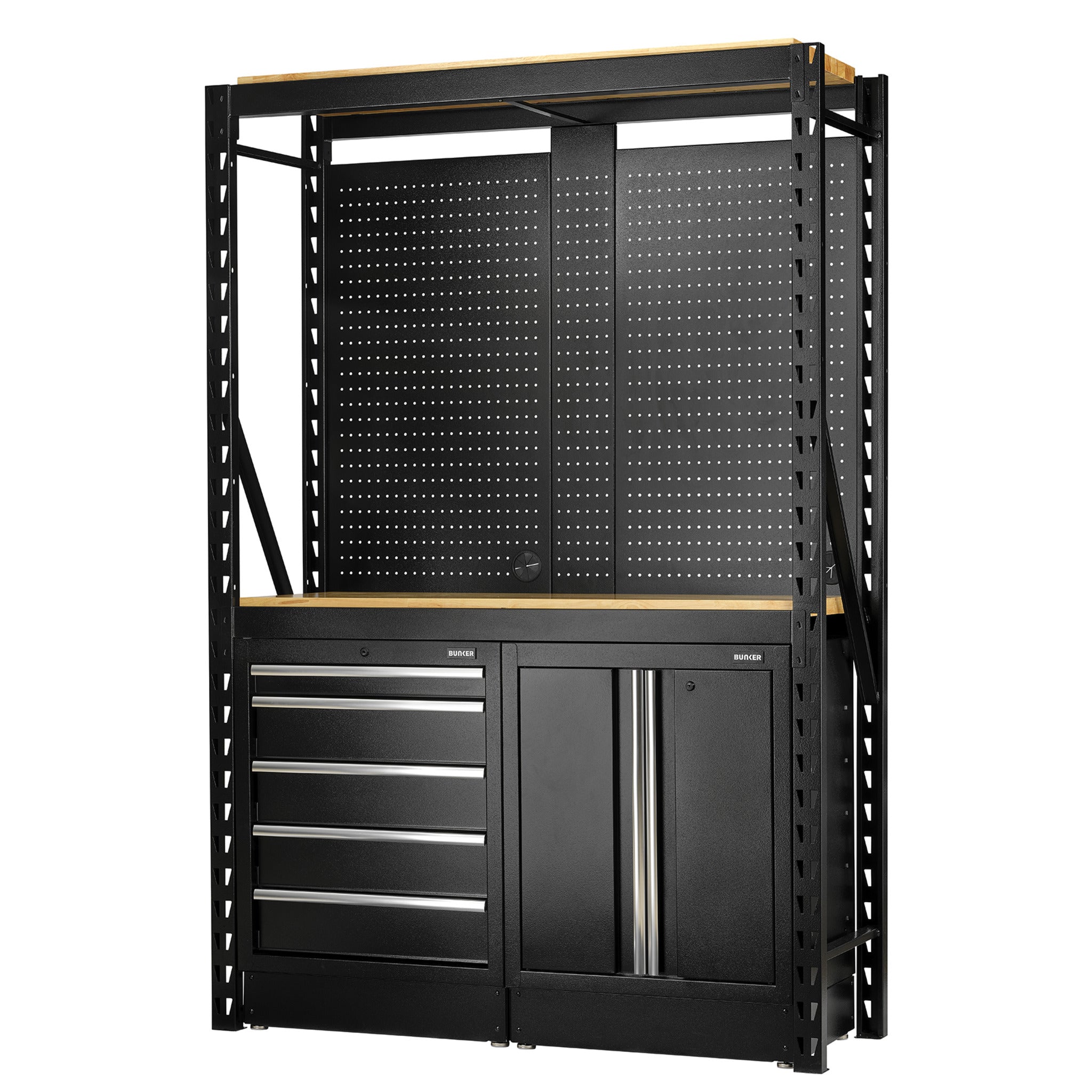 BUNKER modulaire opbergcombinatie met 2 niveaus, hardhouten planken, hangborden en vloerkasten, 15-delig, 1500 mm