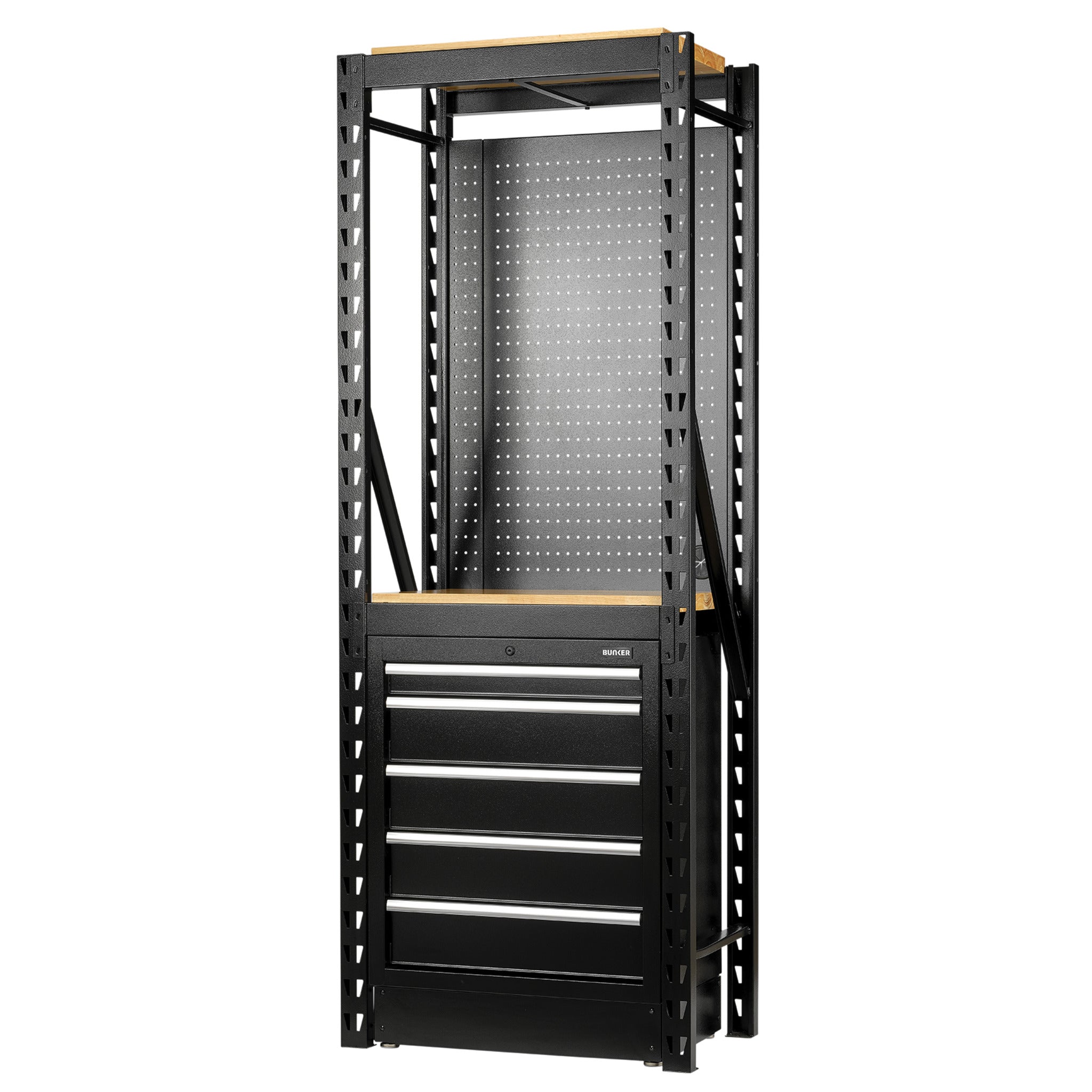 BUNKER modulaire opbergcombinatie met 2 niveaus en hardhouten planken, hangbord en vloerkast, 13-delig, 750 mm