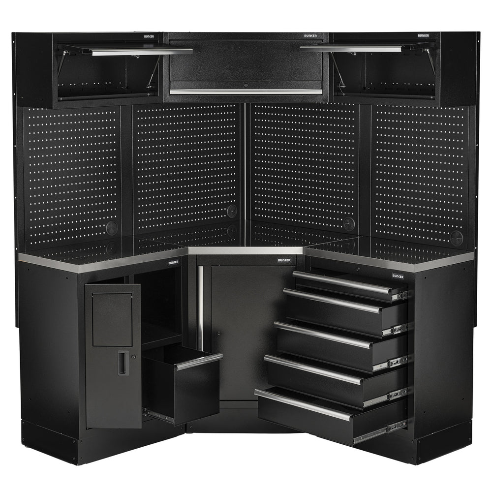 BUNKER modulaire hoekopbergcombinatie met hardhouten werkblad, 18-delig, 3454 mm