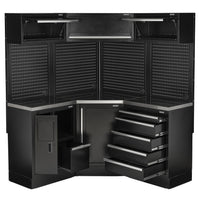 BUNKER modulaire hoekopbergcombinatie met hardhouten werkblad, 18-delig, 3454 mm