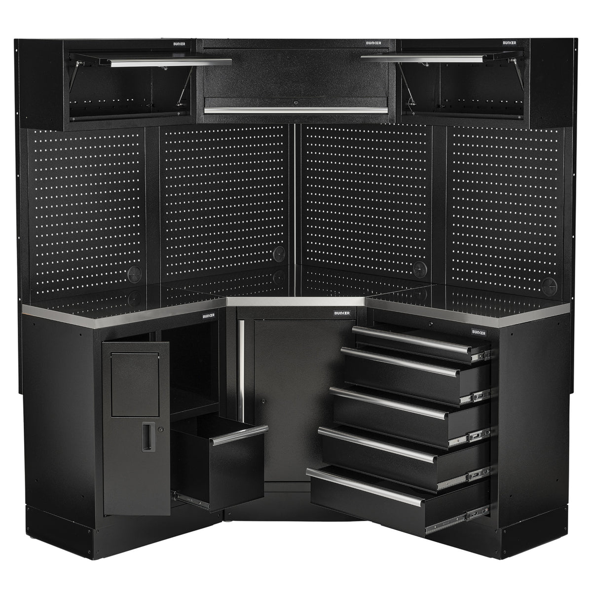 BUNKER modulaire hoekopbergcombinatie met hardhouten werkblad, 18-delig, 3454 mm